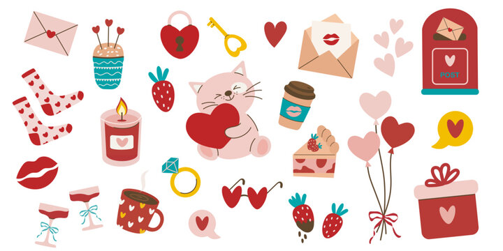 A big Valentine's Day set with romantic symbols of love. Hearts, chocolate covered strawberries, champagne, balloons, gifts, stuffed animal, cat. Cute love stickers set for daily planner and diary.