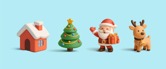 Fototapeta premium Santa Claus, Christmas tree, deer, snowy house, 3D. Minimalistic set of icons for Christmas, celebrations, New Year concepts. Vector illustration.