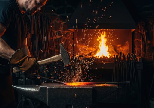 Dynamic action shot of a craftsman blacksmith hammering hot metal with flying sparks