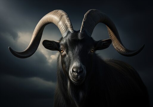 Dramatic portrait of a powerful black goat featuring magnificent spiraling horns
