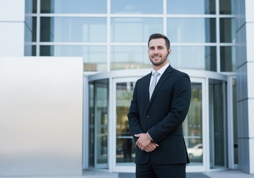 Confident security man in black suit standing outside modern corporate building entrance