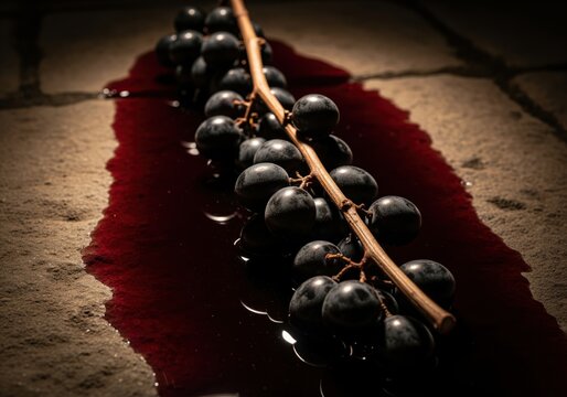 Dark grapes on a vine stem resting in a pool of spilled red wine on stone