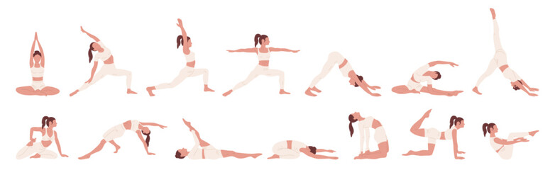 Women do yoga and Pilates exercises cartoon set. Healthy wellness lifestyle. Slim young woman doing various fitness stretching, meditation and relaxation, gym sport body training vector illustration