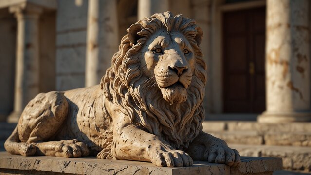 Greek marble lion statue cracked and ero