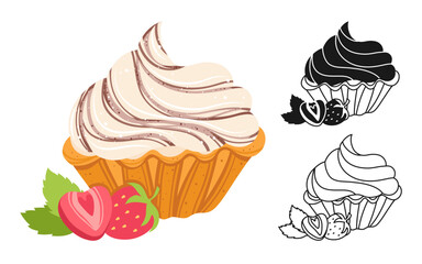 Cream dessert with whipped vanilla cream short crust pastry and strawberry hand drawn symbol cartoon set. Sweet rosette tartlet pastry dessert linear doodle icon. Texture vector hand drawn design