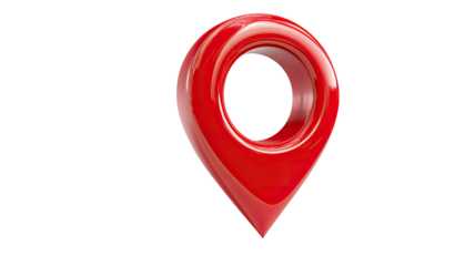 Glossy red 3D location pin with smooth reflective surface and modern navigation marker style isolated on white background