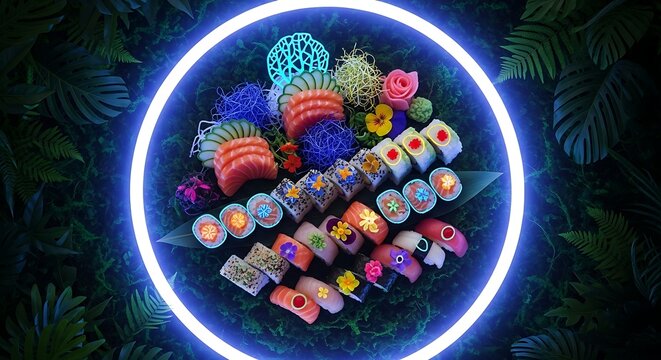 A stunning array of fresh sushi and sashimi, exquisitely presented within a luminous blue neon circle, set amidst dark tropical leaves, offering a vibrant and modern culinary spectacle