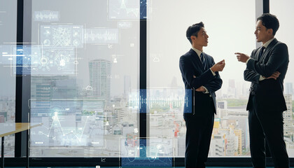 会話するビジネスパーソンのグループとデジタルテクノロジーのコンセプト