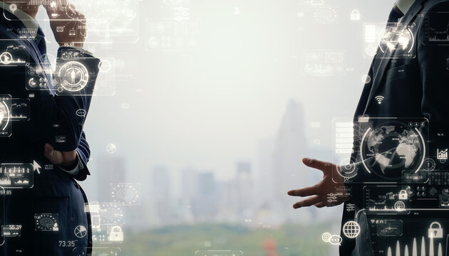 Group of business people talking and digital technology concept