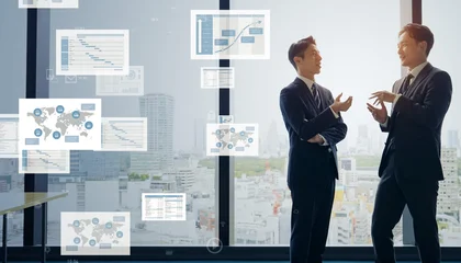 Wandcirkels plexiglas Gekleurd Glas 会議するビジネスパーソンのグループとビジネスデータのコンセプト  © metamorworks