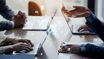 Group of business people meeting and digital technology concept