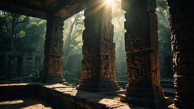 Ancient Mayan carvings illuminated by su