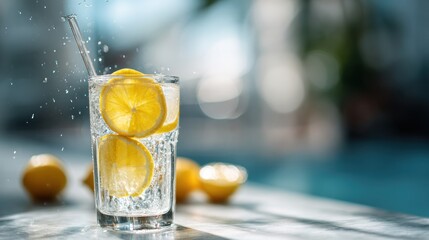 Refreshing Lemon Infused Water with Sparkling Bubbles in Clear Glass