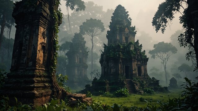 Khmer stone towers covered in vines mist