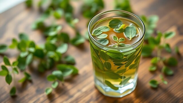 woodruff. Woodruff leaves floating in herbal tea on a wooden table with natural green tones. bar promotions, beverage menus, designed for food & beverage menus and cafe branding.