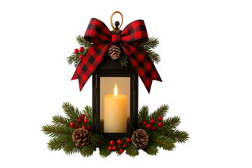 Festive Christmas lantern with burning candle pine branches red berries pinecones and plaid ribbon bow isolated on white background