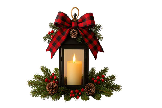 Festive Christmas lantern with burning candle pine branches red berries pinecones and plaid ribbon bow isolated on white background - Powered by Adobe