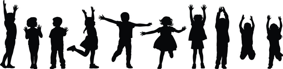 Silhouette children jumping, dancing, running, playful kids in motion, energetic youth, happy childhood, black vector, isolated white background
