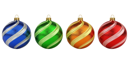Four Christmas tree balls in blue, green, orange, and red colors with bright stripes, isolated on a transparent background. Holiday decoration elements.