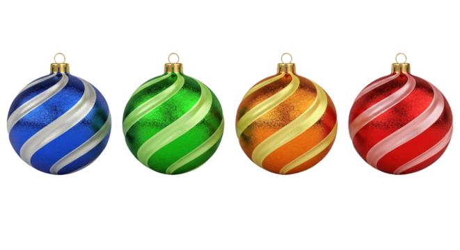 Four Christmas tree balls in blue, green, orange, and red colors with bright stripes, isolated on a transparent background. Holiday decoration elements.