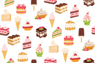 Cakes, pieces of cake, ice cream desserts vector seamless pattern. Birthday various slices cakes texture boundless background. Sweet holiday bakery. Cartoon endless wrapper backdrop template design
