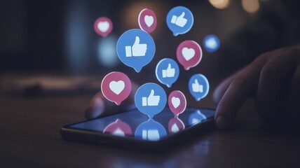 Digital Affection: A close-up shot of a hand interacting with a smartphone, illustrating the concept of social media engagement with floating like and love icons.