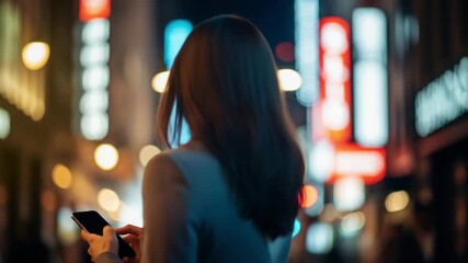 Confident businesswoman using smartphone amidst vibrant city lights, symbolizing urban connection and modern life - Powered by Adobe