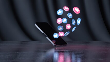 Social media interaction on the smartphone: A futuristic and stylish perspective that features an eye-catching visual of likes, hearts and comments from social media streaming around the phone