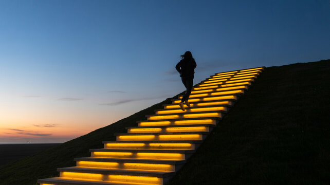 Woman running on illuminated stairs at dusk fitness and success concept