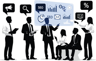 Silhouette business team discussing SEO strategy, digital marketing analytics, teamwork presentation, online growth, data analysis, corporate planning, optimization tools
