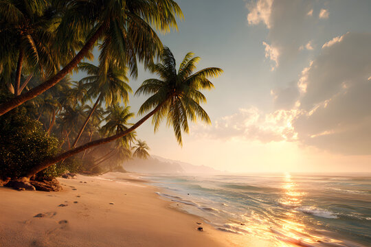 Stunning sunset over a tranquil beach with palm trees and gentle waves in a tropical paradise