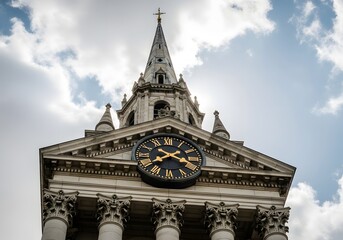 Close-up view of the ornate clock tower of a grand building, featuring Roman numerals and intricate architectural details against a cloudy sky.