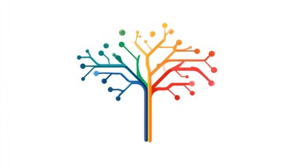 A colorful tree with branches and leaves, set against a white background with a gradient of colors.