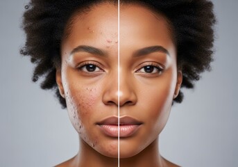 Before and after acne treatment on African American woman's face. Skincare concept showing transformation from problematic to clear, healthy skin. For dermatology and beauty ads.