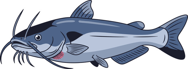 A realistic cartoon illustration of a blue-gray catfish with long whiskers and fins, detailed with shading
