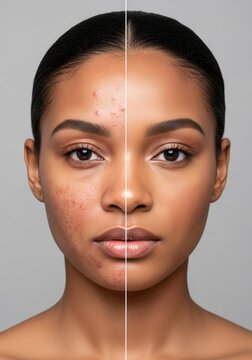 Before and after acne treatment on African American woman's face. Skincare concept showing transformation from problematic to clear, healthy skin. For dermatology and beauty ads.