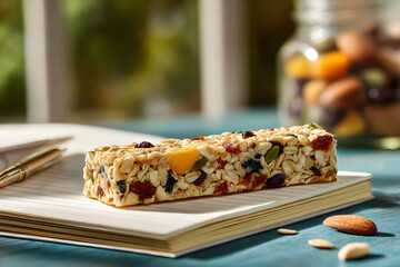 Healthy snack with granola bar, fruits, and notepad on a wooden table in cozy indoor setting