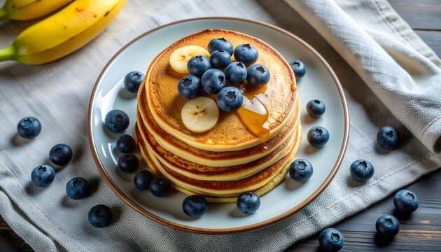 A stack of pancakes topped with blueberries, banana slices, and honey drizzle, served on a light blue plate with bananas in the background