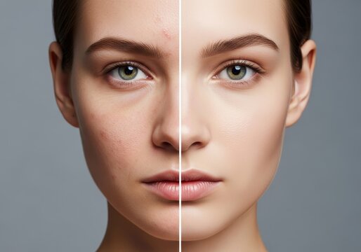Woman's face before and after acne treatment. Comparison of problem skin with pimples and clear, healthy skin. Concept for skincare, dermatology, and beauty results.