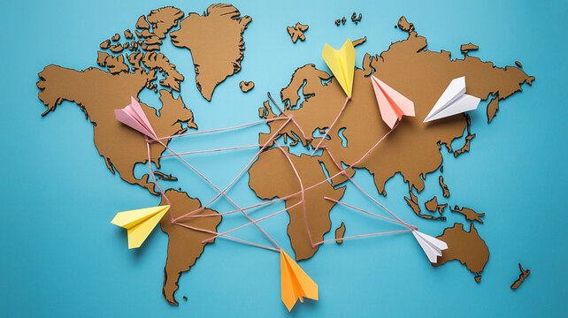 Global business travel logistics network with paper airplane concept