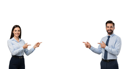 Two business professionals, a man and a woman, pointing towards the same direction with a sense of excitement, isolated on transparent background