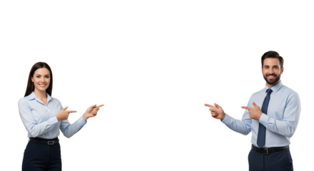 Two business professionals, a man and a woman, pointing towards the same direction with a sense of excitement, isolated on transparent background