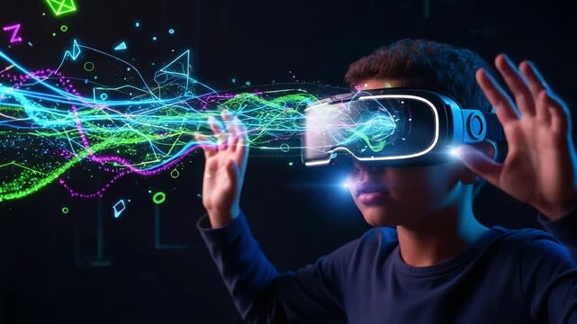 Young boy immersed in vibrant digital world, reaching out to touch futuristic glowing data streams with VR headset