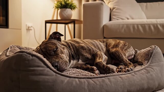 Cute Brindle Dog Sleeping Soundly in a Cozy Plush Dog Bed Indoors Adorable American Staffordshire Terrier Puppy Napping Comfortably in a Peaceful Domestic Home 