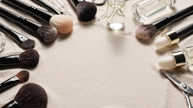 A collection of makeup brushes and beauty products arranged in a circular pattern on sandy surface