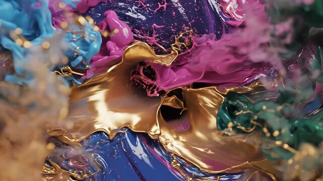 Colorful Paint Swirls and Golden Accents Abstract Art Video.