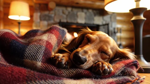 Beautiful golden dog sleeping peacefully wrapped in a soft plaid blanket Cozy warm interior ambiance with a glowing fireplace offers ultimate comfort
