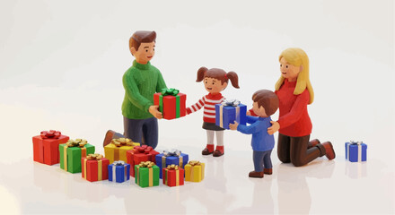 A joyous 3D illustration of a family celebrating, exchanging colorful presents, and surrounded by a pile of gifts, embodying the spirit of giving and togetherness