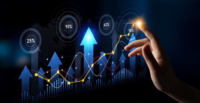 A hand reaches out to a digital graph displaying growth patterns, arrows, and percentage figures, illustrating the theme of progress and success in data analytics. Scalp - Powered by Adobe