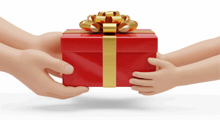 An adult's hands gently giving a beautifully wrapped red gift box with a golden bow to a small child's hands, symbolizing love and generosity
